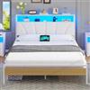 Brinlawb Letto da 120 x 200 cm con illuminazione a LED e stazione di ricarica (2 prese CA, USB-A, USB-C), struttura per letto giovanile 120 x 200 cm, con testiera imbottita e 2 ripiani aperti