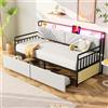Idemon Divano letto in ferro battuto, 90 x 200 cm, con illuminazione e ripiani, con cassetti e prese multifunzione, in ferro battuto, letto singolo per ragazzi (beige)