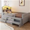 Kebnor Lettino per bambini 90 x 200 cm, con griglia di sicurezza, con quattro cassetti, con luci a LED, con porte di ricarica USB e tipo C, letto in legno massiccio con rete a doghe, letto singolo