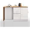 WHOUS Isola Cucina SOLE con 1 Anta, 2 Cassetti e 6 Vani, Tavolo da Pranzo e Piano di Lavoro, Ideale per Open Space e Spazi Ridotti, 152,5x90x90,60 cm, Bianco Lucido e Rovere