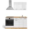 Vicco Cucina completa R-Line, Bianco lucido/oro power oak, 160 cm con mobile forno incasso con piano di lavoro, predisposto per l'integrazione di elettrodomestici e lavello