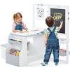 COSTWAY Set 3 in 1 Tavolo e Sedie per Bambini 3+ Anni (Bianco e Grigio) | Tavolo in Legno con Lavagna Cancellabile, Magnetica, Cavalletto Regolabile, Libreria e Accessori Artistici, per Disegno