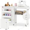 RELAX4LIFE Tavolo da Cucito Pieghevole con Ampio Piano del Tavolo, 3 Vani, Ripiano Portaoggetti,Mobiletto Salvaspazio con Ruote per Ago, Filo e Forbici (Con Prese,Bianco)