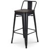Kosmi - Sgabello da bar in metallo nero opaco e seduta in legno scuro con schienale, sedia da bar Sgabello in metallo e legno altezza 66cm