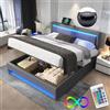 Autheria Letto Matrimoniale con Contenitore 160x200 cm con LED e USB(Supportato Senza Fili), Letto una piazza e mezza con Testiera e Vano Portaoggetti, Letto Contenitore con rete a doghe, Struttura Letto in PU