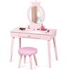 RELAX4LIFE Set di Tavolo da Trucco con Sgabello per Bambini, Toeletta con Specchio Rotondo per Ragazzi, Tavolo Cosmetici con Gambe in Pino Naturale Stabile per Cameretta, 70 x 34 x 100 cm (Rosso)