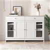 BNUZ Credenza con venature in legno bianco, colore legno e bianco. Quattro ante, con due cassetti. Porta con vetro. Soggiorno, sala da pranzo. (120 L x 37 W x 80 H(cm))