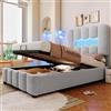 Wyibwy Letto singolo imbottito 90 x 200 cm con illuminazione a LED, letto contenitore con meccanismo idraulico, rete a doghe, testiera regolabile, velluto, senza materasso, Grigio