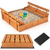 GYMAX Scatola di Sabbia in Legno per Bambini, Gioco da Spiaggia per Esterni con Panche Pieghevoli e Rivestimento Inferiore per Giardino, Cortile, Spiaggia, Sabbiera per Bambini 18+ Mesi