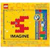 LEGO cancelleria,set LEGO per disegnare con quaderno Imagine, minifigure LEGO classica, matite colorate, stickers e 2x4 gomme da cancellare a forma di mattoncino LEGO