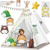 KIDIZ® Tipi Tenda da campeggio per bambini, 100 x 100 x 160 cm, in cotone, con catena di luci a LED, stelle luminose, ghirlanda di bandiere, 3 peluche, tappetino e borsa per il trasporto, per