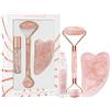 CRYSTALLOVE Set di rulli per il viso in quarzo rosa + pietra Gua Sha + cristalli di olio Rollon 10 ml - set per massaggio facciale per viso, occhi - massaggiatore