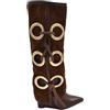 Malu Shoes Stivali Donna Alti in camoscio Marrone Applicazioni Oro Modello Shark Risvolto Fino a Terra Zeppa 10 cm con Zip (39 EU)