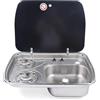 Generic Fornello da campeggio a gas a 2 fuochi con lavello in acciaio inox combinato e copertura in vetro, per cucina all'aperto, camper, camper, roulotte, uso a gas GPL