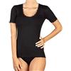 EGI Maglia Donna Manica Corta Micro Lana Costine Bordi Scollatura e Polsi Pizzo (XL, Nero)