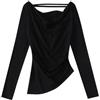 Generic T-Shirt da Donna con clavicola e Monospalla Allacciato al Collo con Top a Maniche Lunghe-Nero-M