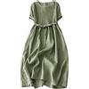 FZYLQY Abito lungo da donna in cotone e lino, stile bohémien, con maniche a 3/4, tinta unita, stile classico, alla moda, con cintura, J#verde, XL