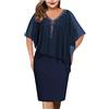 Generic Abito da sera in chiffon con scollo a V da donna taglie forti con mantello trasparente a maniche corte per madre della sposa, Marina Militare, 4XL