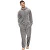 Dinnesis Pigiama da uomo invernale in cotone, per il tempo libero, in pile, set da 2 pezzi, biancheria da notte a maniche lunghe, con cappuccio, pantaloni sportivi con tasca, tinta unita, grigio., L