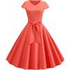 YMING Audrey Hepburn Abiti Eleganti per Le Donne Abito da Ballo con Cintura Vita Alta V Collo Rockabilly Abito Estivo a Pieghe Manica Corta Anguria Rossa XS