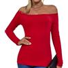 ASAIR Camicia a maniche lunghe con spalle scoperte da donna a costine basic alla moda elasticizzata leggera top, Rosso, S