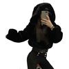 PAXAS Autunno Inverno Faux Coniglio Pelliccia Bomber Teddy Cappotto Cerniera A Vita Alta Peloso Con Cappuccio Giacca di Peluche Cardigan Parka In Pile Streetwear-Nero, L