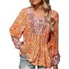 Generic Camicette a tunica da donna a maniche lunghe in lino bohémien con scollo a V con scollo a V floreale ricamato top primavera indiano increspato camicia per donne anziane pura vestibilità ampia casual