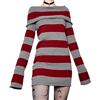 Owegvia Mini abito punk gotico da donna abito aderente in maglia a righe vintage con scollo a barca a maniche lunghe abito corto da festa di strada, Red, XL