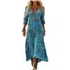 Generico Abito Donna Maxi in Misto Lino Cotone Stile Bohemien Scollo a V Maniche 3/4 Vestito Lungo Estivo Casual Frescoper Spiaggia Vacanze e Taglie Forti