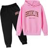 Generic Felpa con cappuccio per bambini e ragazze, set di 2 pezzi Brooklyn New York con cappuccio casual autunno tute per bambini set grafico per uscire felpa con cappuccio pantaloni della tuta Set inverno
