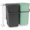 Brabantia - Pattumiera Sort & Go 2x16L - Doppio Cestino da Incasso per Rifiuti - Coperchio Aperto - Maniglia per il Trasporto - per Armadietti da Cucina - Jade Green/Light Grey - 52 x 35 x 43 cm
