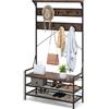 HOMASIS 4 in 1 Stand Appendiabiti con Scarpiera, Appendiabiti Ingresso con 11 Ganci e 3 Scaffali, Struttura in Metallo, Guardaroba a Giorno con Panca per Scarpe, 102 x 40 x 184 cm (Marrone)