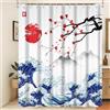 Xiaoterna Tenda da doccia tradizionale giapponese Kanagawa grande onda tenda da doccia con fiori di ciliegio rosso e sole paesaggio montano giapponese anti muffa impermeabile tenda da bagno 240 x 180