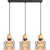 iDEGU 3 Luci Lampadario a Sospensione Vintage E27 Plafoniera Industriale in Legno Metallo Gabbia Corda di Canapa Lampada da Soffitto Retrò Lampade a Sospensione per Cucina Salotto Cameretta (Barra)