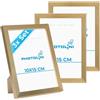 PHOTOLINI Cornici 10x15 cm oro legno MDF, set di 3 cornici per poster, plexiglass infrangibile, da tavolo o da parete, accessori extra inclusi - per foto, immagini e poster