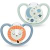 NUK Space Night Tetine per bambini, 0-6 mesi, ciucci fosforescenti con prese extra larghe per pelli sensibili, silicone senza BPA, leone, confezione da 2