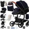 Magic ZC Pelle PU Passeggino Trio, Passeggino 3 in 1 con Spinta Reversibile a Due Vie, Trio Neonati con Accessori, Carrozzina per Neonati con Design Portatile Pieghevole Un Clic (L518 Black Blue)