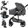 MoLi Passeggino Trio, Passeggino 3 in 1 con Doppia Modalità Push Reversibile, Trio Neonati con Grande Navicella, Carrozzina per Neonati in Alluminio Pieghevole (739 Grey)
