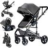 Doraystar Passeggino 3 in 1, Passeggino Trio con Due Modalità di Spinta Reversibile, Trio Passeggino Neonati con Design Pieghevole in Un Clic, Trio Neonato con Grande Nacelle Comoda (739 Grey)