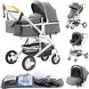 YAZOCO Passeggino 3 in 1 Carrozzina Multifunzionale Carrozzina Ovetto Pieghevole Set Passeggino Neonato Sedili Parapiedi Zanzariere Vista Dall'Alto (2 Grigio)
