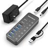 RSHTECH Hub USB 3.2/USB C a 7 porte con 10 Gbps USB-A 3.2, 2 USB-C 3.2, 4 porte USB 3.0, switch touch individuali, cavo da 3,3 ft e adattatore di alimentazione da 5 V/3 A, splitter hub USB per