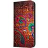 Mixroom - Custodia Cover Case a Libro per iPhone 14 PRO con Stand in Ecopelle Chiusura Magnetica Portafoglio Parte Interna in TPU Morbida Fantasia Etnica Sfondo Legno M744