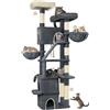 Hzuaneri Albero Per Gatti, Tiragraffi per gatti 185 cm, Grande torre Per Gatti da Interno con 2 Piattaforme, 3 Cucce, 6 Tiragraffi, 2 Cestini, Pompon, Cuscino Lavabile, Grigio Scuro MS18818SG