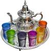 Horus Artesanía de Egipto Set da tè marocchino completo. Teiera 800 ml Vassoio 32 cm 6 bicchieri tipici in vetro colorato
