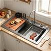 KOOGIMDDR Lavello Da Cucina In Acciaio Inox A Cascata Con Rubinetto Estraibile Lavello Da Lavoro A Vasca Singola Con Rivestimento Nano, Montaggio Superiore, Con Accessori, Idropulitrice, Tagliere, Cestello Di S