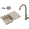 VBChome Lavello da Incasso in Granito Beige 70 x 44 cm - Lavello Singolo Reversibile con Rubinetto e Sifone, Superficie Screziata, per Base da 50 cm
