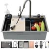 Generico Cascata Lavello Cucina Acciaio Inox Set, Lavandino Cucina Multifunzione, Rubinetto A Cascata A Led, Lavello A Cascata Digitale Con Lavatazze, Dispenser Di Sapone(Black-Grey#4,80x50cm)
