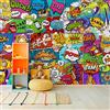 Wallepic Carta da parati fotografica in tessuto non tessuto, motivo: graffiti giovani, motivo fumetti, collage 400 x 280 cm, XXL, astratto, fuoco, esplosione di fuoco, soggiorno, camera da letto,
