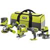 RYOBI - Combo 4 strumenti: Trapano + seghetto alternativo + smerigliatrice angolare da 115 mm + levigatrice + 1 batteria da 2,0 Ah + 1 batteria da 5,0 Ah + 1 caricatore rapido - Consegnato in borsa