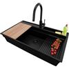 PRIMAGRAN Lavandino da Cucina Tutto Nero 88x53cm, Lavello in Granito a 1 vasca + Rubinetto 40x20cm + Set di accessori, Lavabo da Cucina Incasso al Mobile 90cm - Oslo 90 Pocket S475